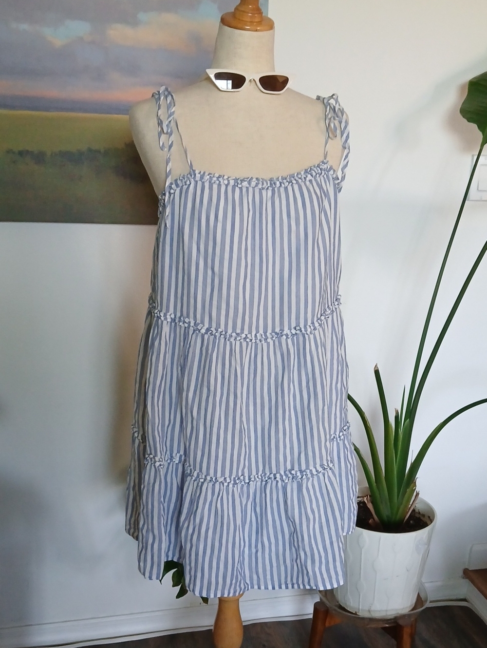 Rails "Caralyn" Lighthouse Blue/White Striped Ruffle Dress with Tie Straps Sz L